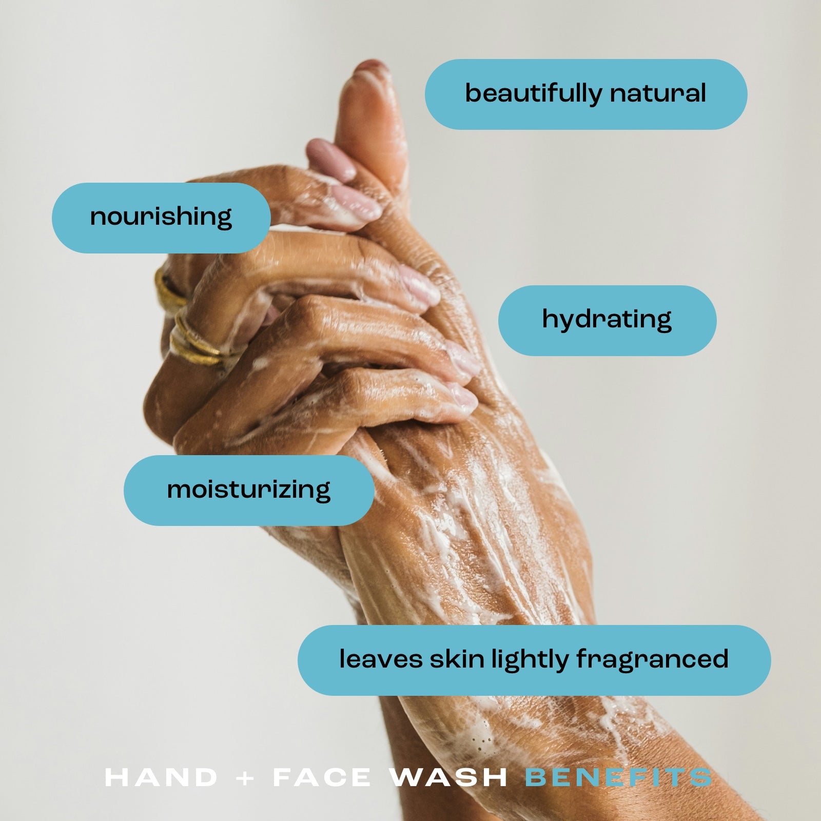 woman washing hands with listed benefits: beautifully natural, nourishing, hydrating, moisturizing and leaves skin lightly fragranced.