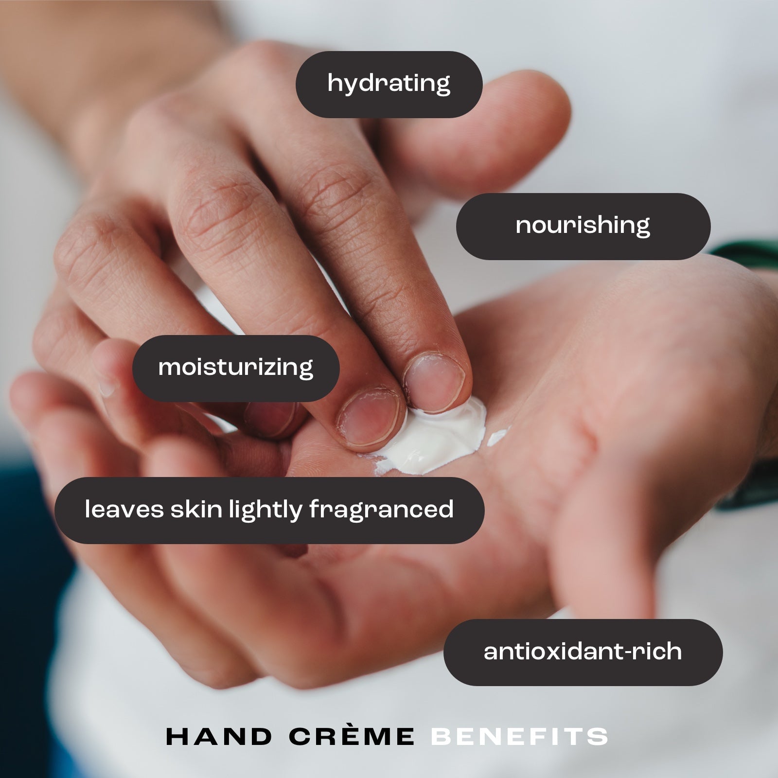 close up of a man applying hand cream with the listed benefits: hydrating, nourishing, moisturizing, leaves skin lightly fragranced and antioxidant-rich