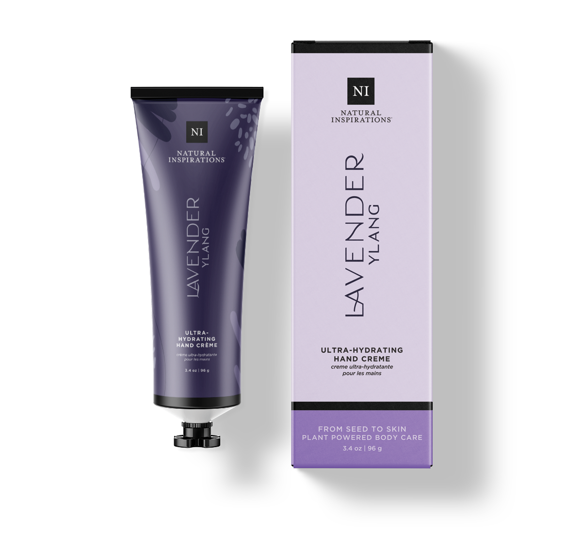 Natural Inspirations Lavender Ylang 3.4 oz boxed Hand Cr�me on a white background.