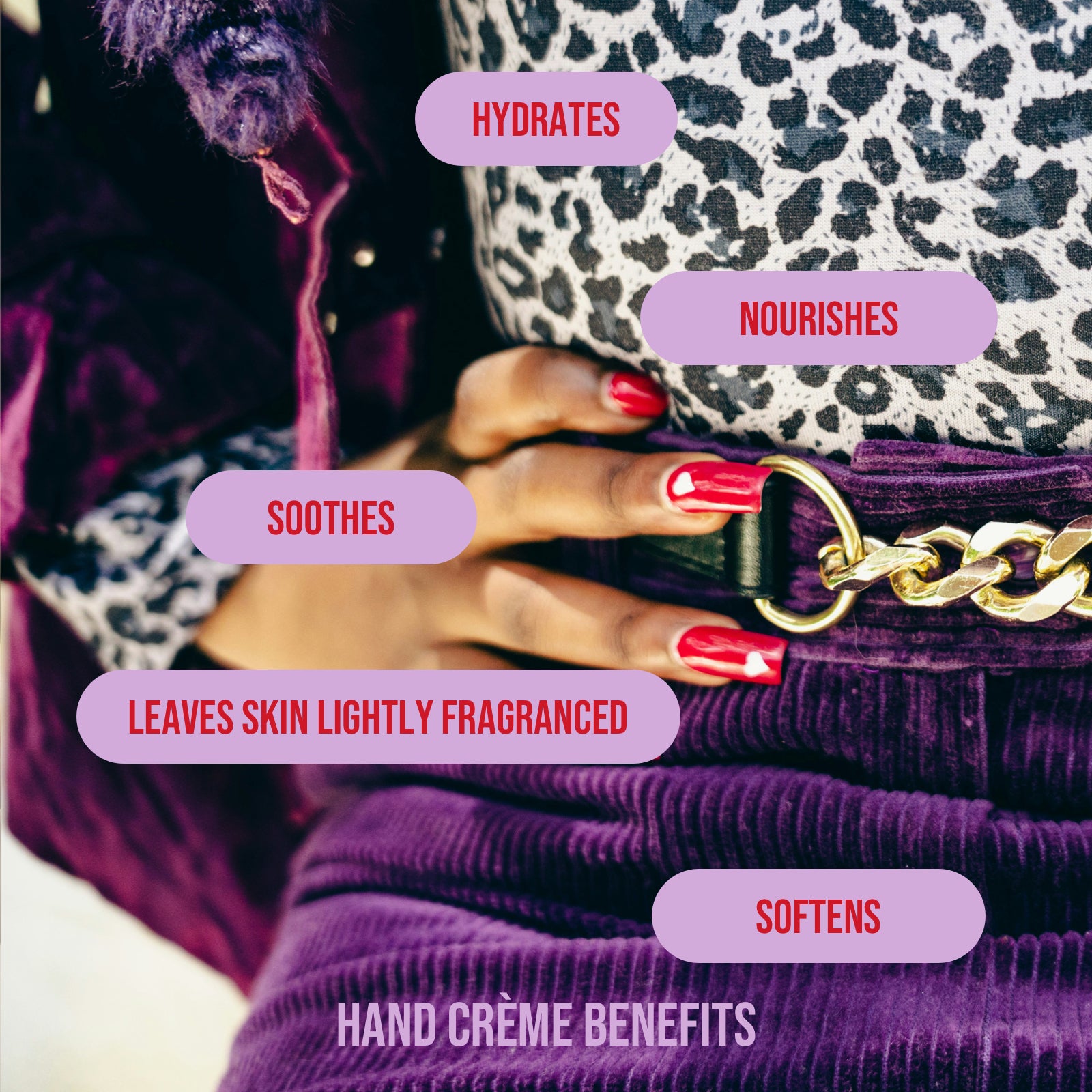 close up of a woman's hand with the listed benefits of natural inspirations hand cream: hydrates, nourishes, soothes, leaves skin lightly fragranced, and softens