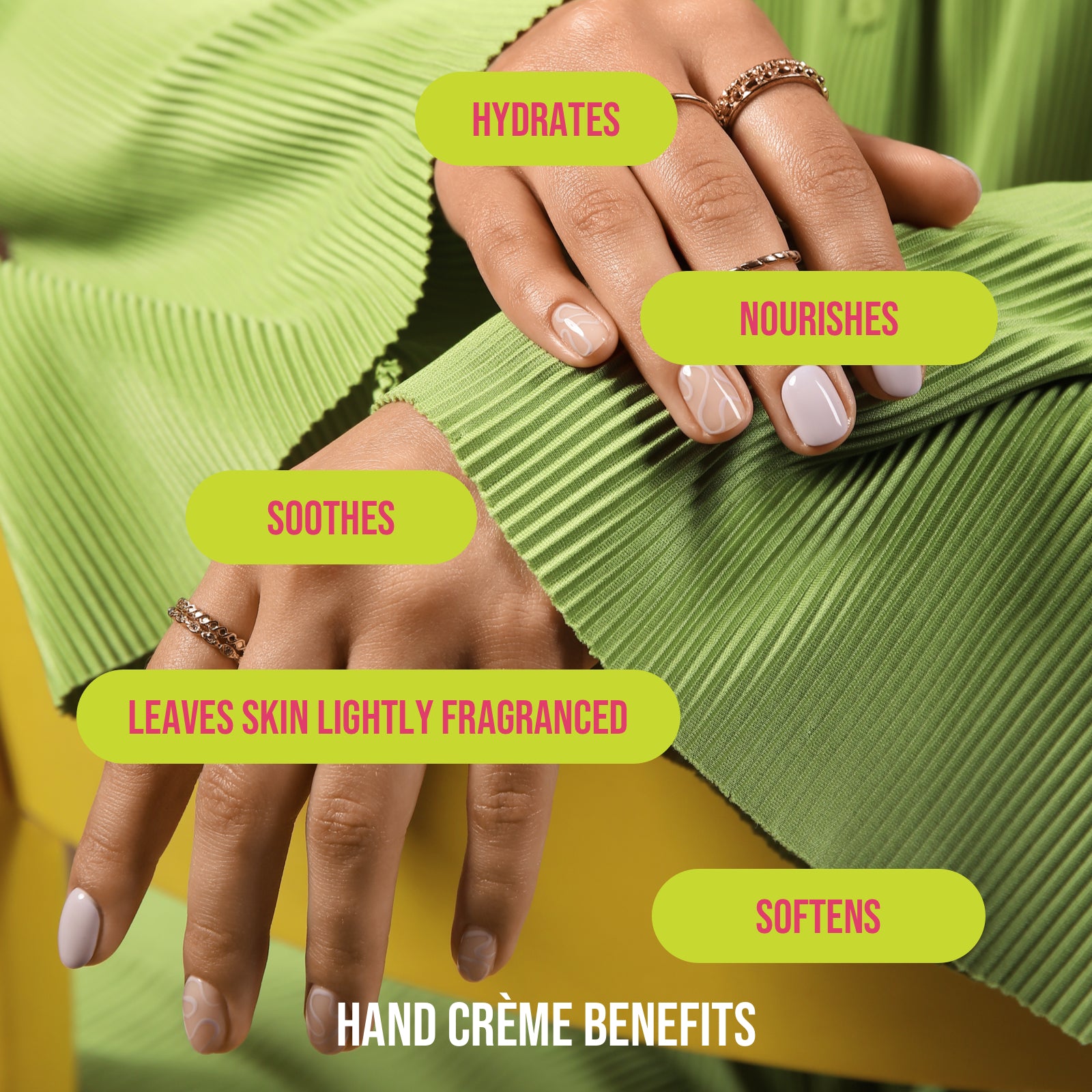 close up of a woman's hand with the listed benefits of natural inspirations hand cream: hydrates, nourishes, soothes, leaves skin lightly fragranced, and softens