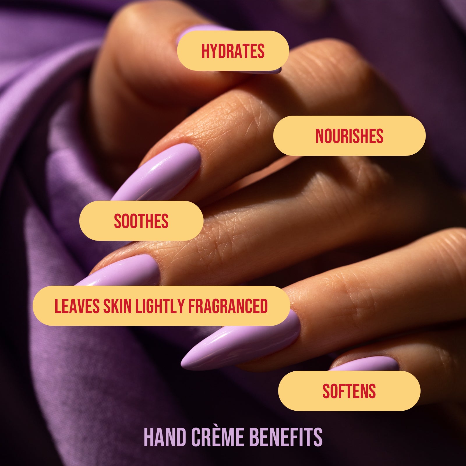 close up of a woman's hand with the listed benefits of natural inspirations hand cream: hydrates, nourishes, soothes, leaves skin lightly fragranced, and softens