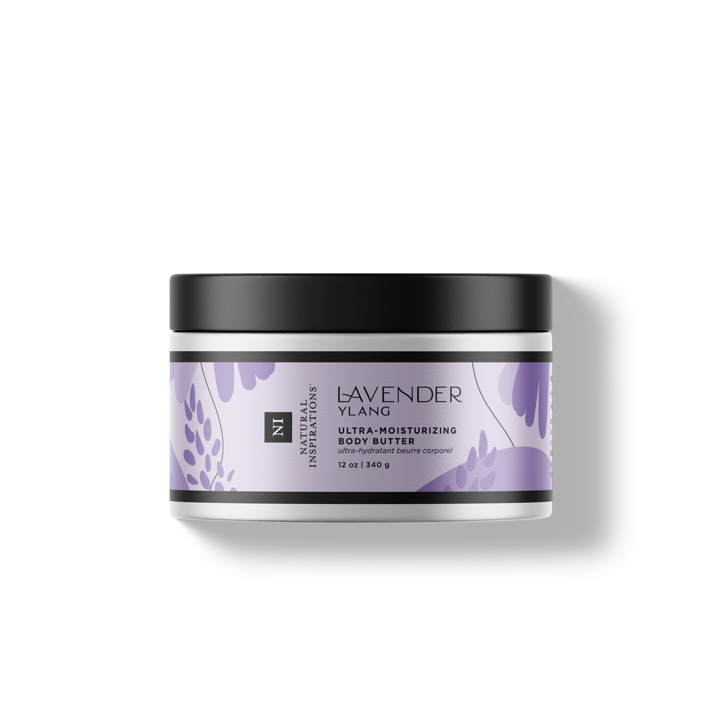 Natural Inspirations Lavender Ylang Ultra-Moisturizing Body Butter tub on a white background.