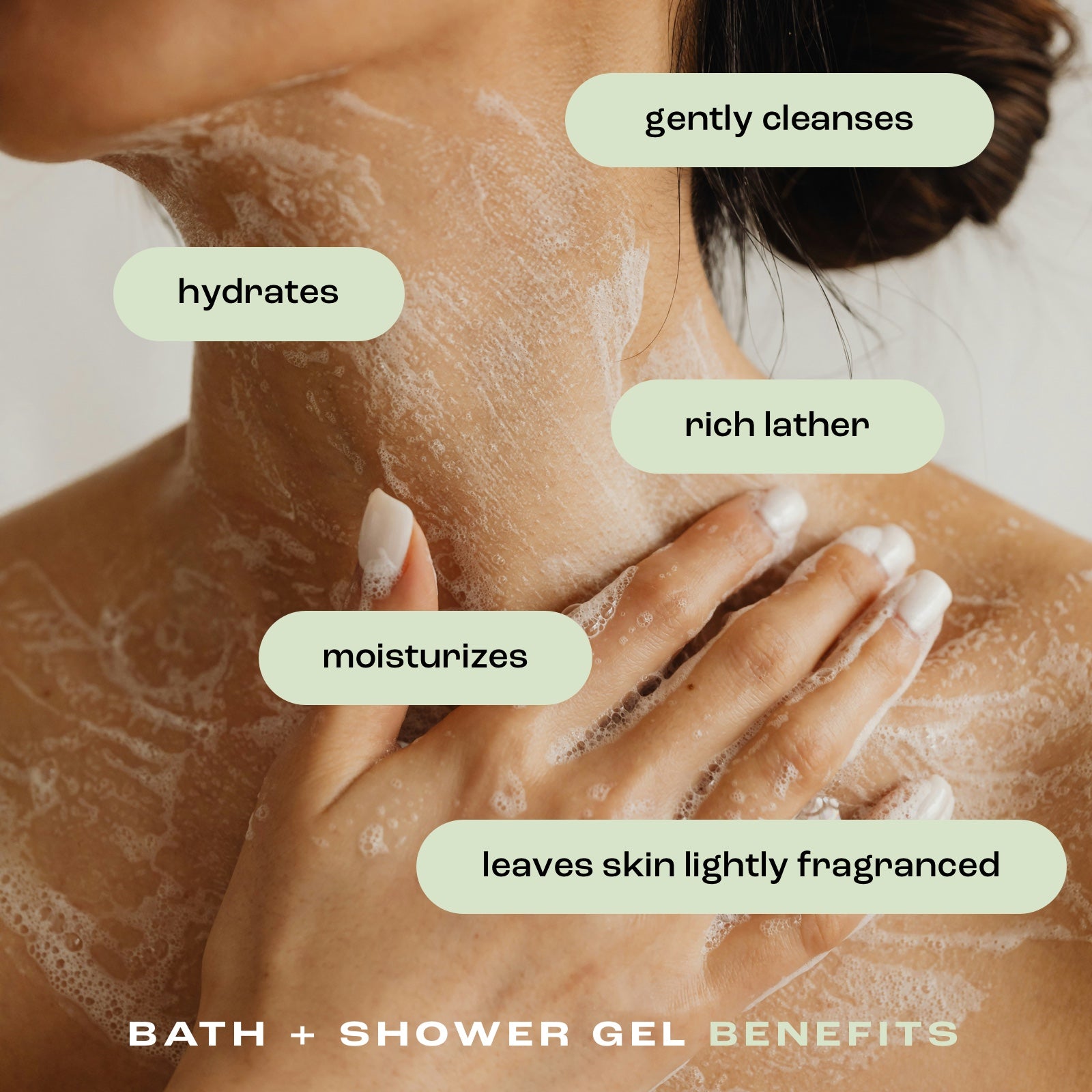 close up of a woman using bath and shower gel to wash her neck and chest with the benefits listed: gently cleanses, hydrates, rich lather, moisturizes and leaves skin lightly fragranced.