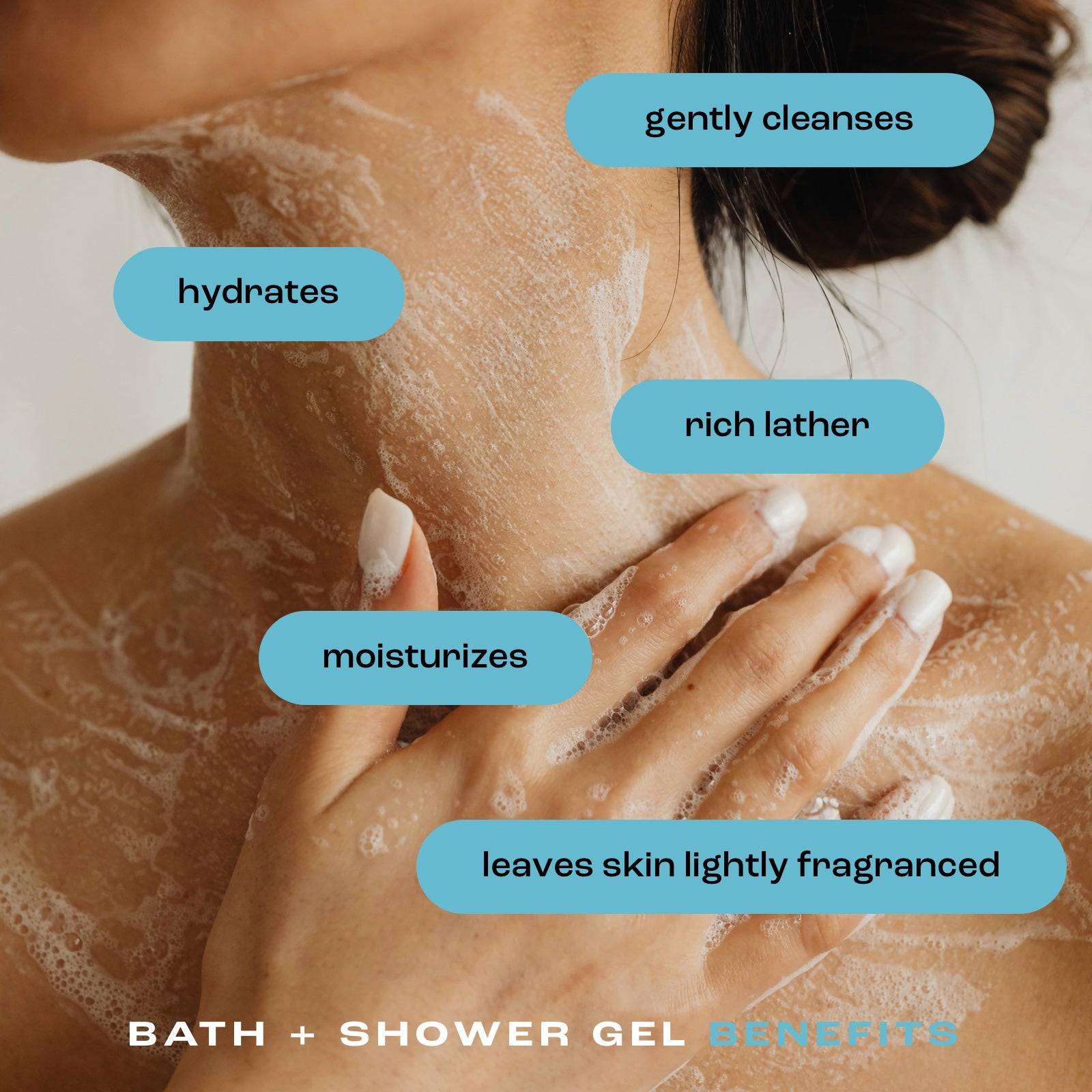 close up of a woman using bath and shower gel to wash her neck and chest with the benefits listed: gently cleanses, hydrates, rich lather, moisturizes and leaves skin lightly fragranced.