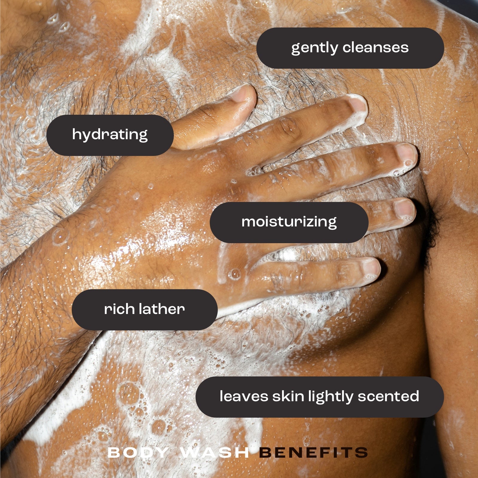 man washing body with the listed benefits of: gently cleanses, hydrating, moisturizing, rich lather and leaves skin lightly scented.