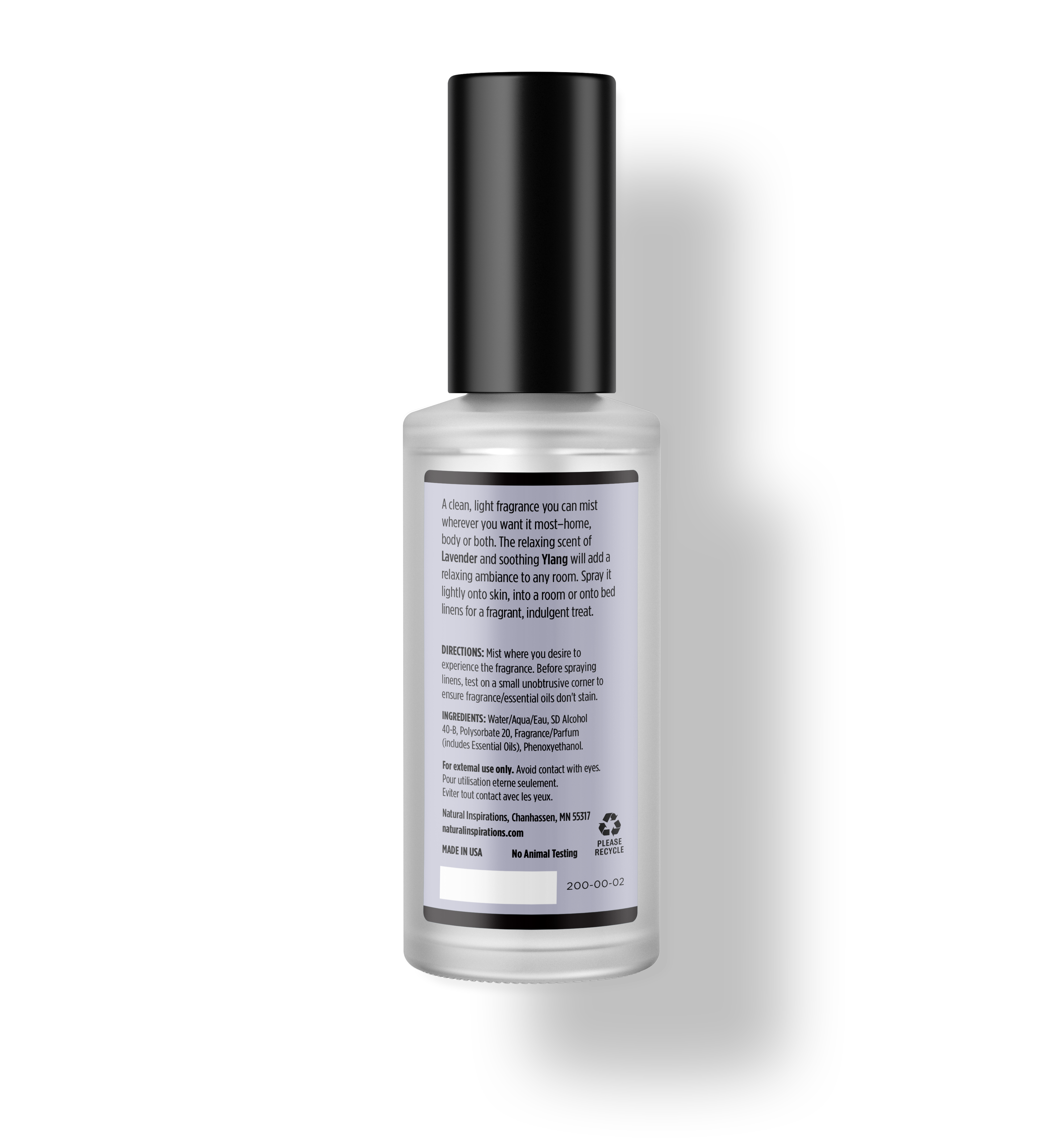 Back of Lavender Ylang Fragrance Mist  showing ingredients.