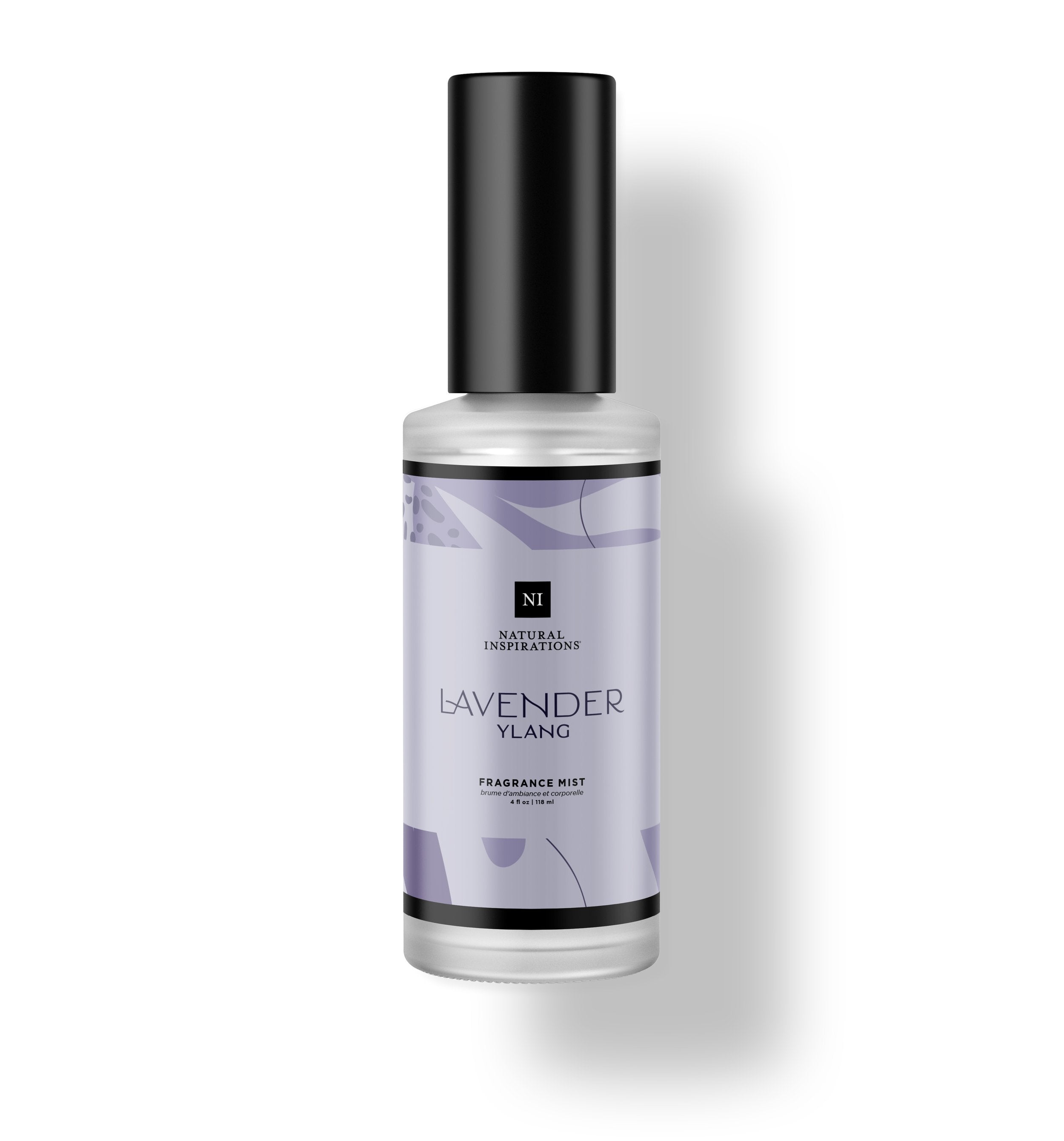 Natural Inspirations Lavender Ylang Fragrance Mist frosted glass bottle on a white background.