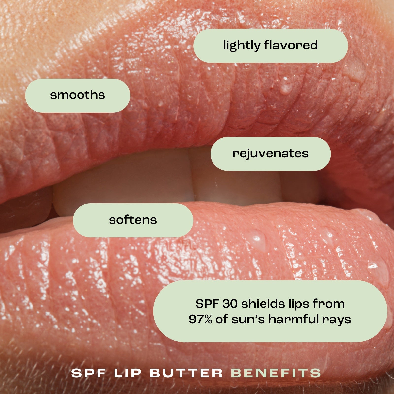 close up image of woman's lips with listed benefits of lip butter: lightly flavored, smooths, rejuvenates, softens, and SPF 30 shields lips from 97% of sun's harmful rays