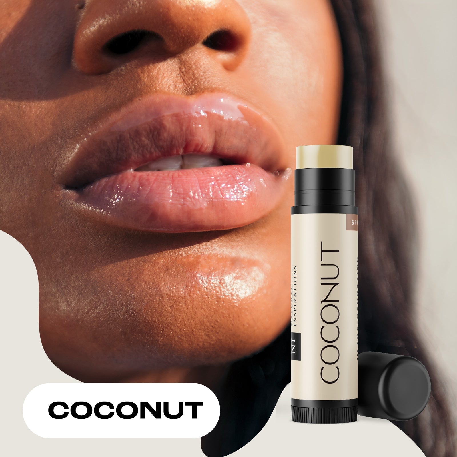 close up of a woman's lips with coconut spf 30 lip butter