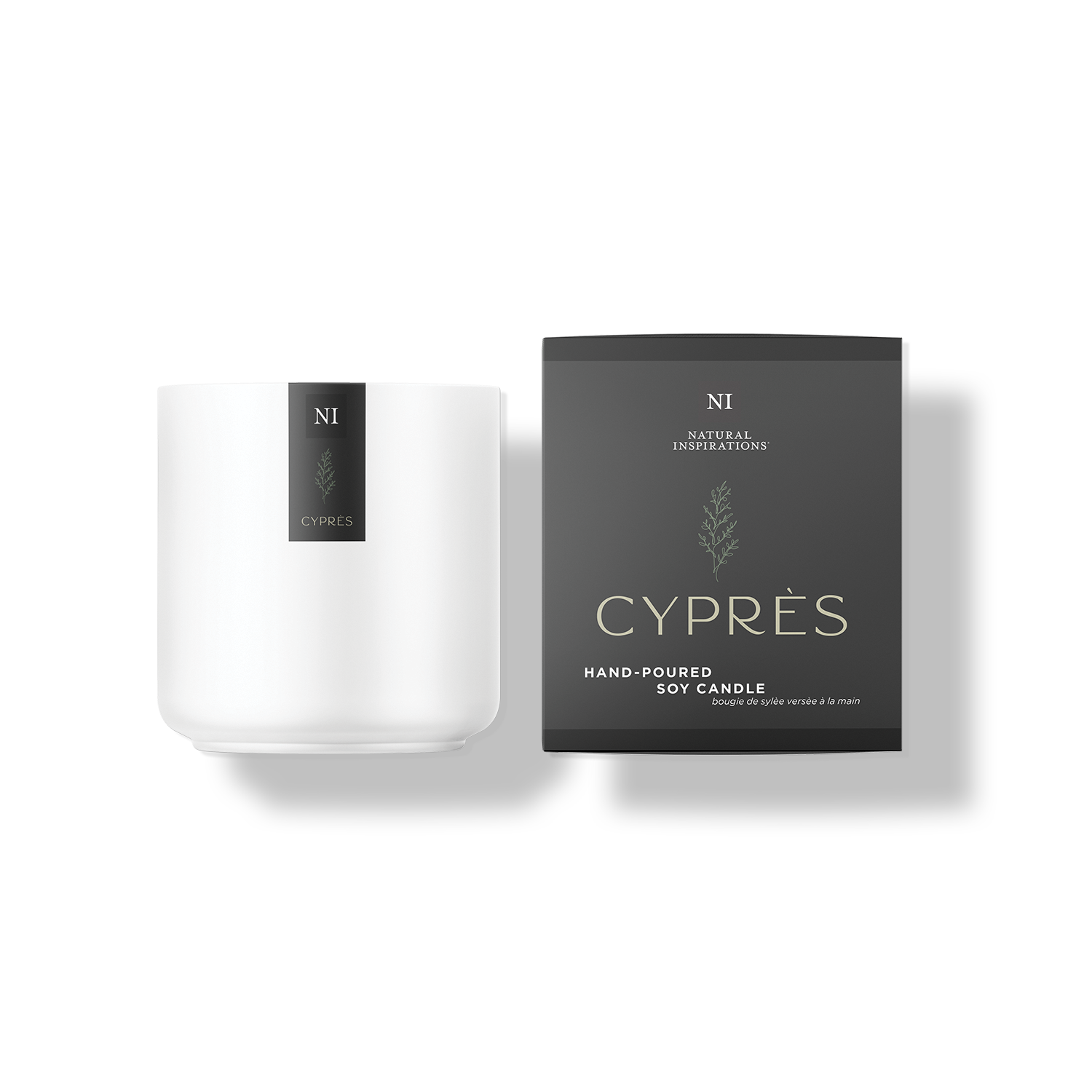Natural Inspirations Cypres Soy Candle in a white jar and a black and green box on a white background.
