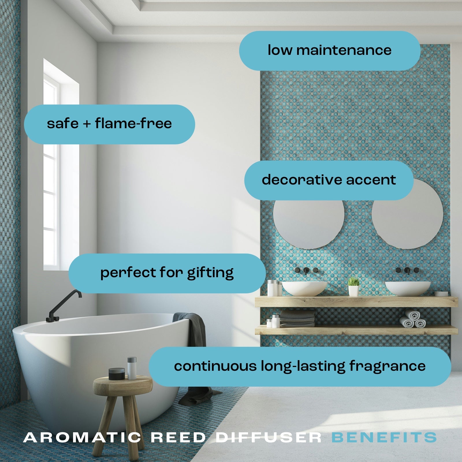 blue bathroom image with benefits of aromatic reed diffusers. benefits include: low maintenance, safe and flame free, a decorative accent, perfect for gifting and continuous long-lasting fragrance.