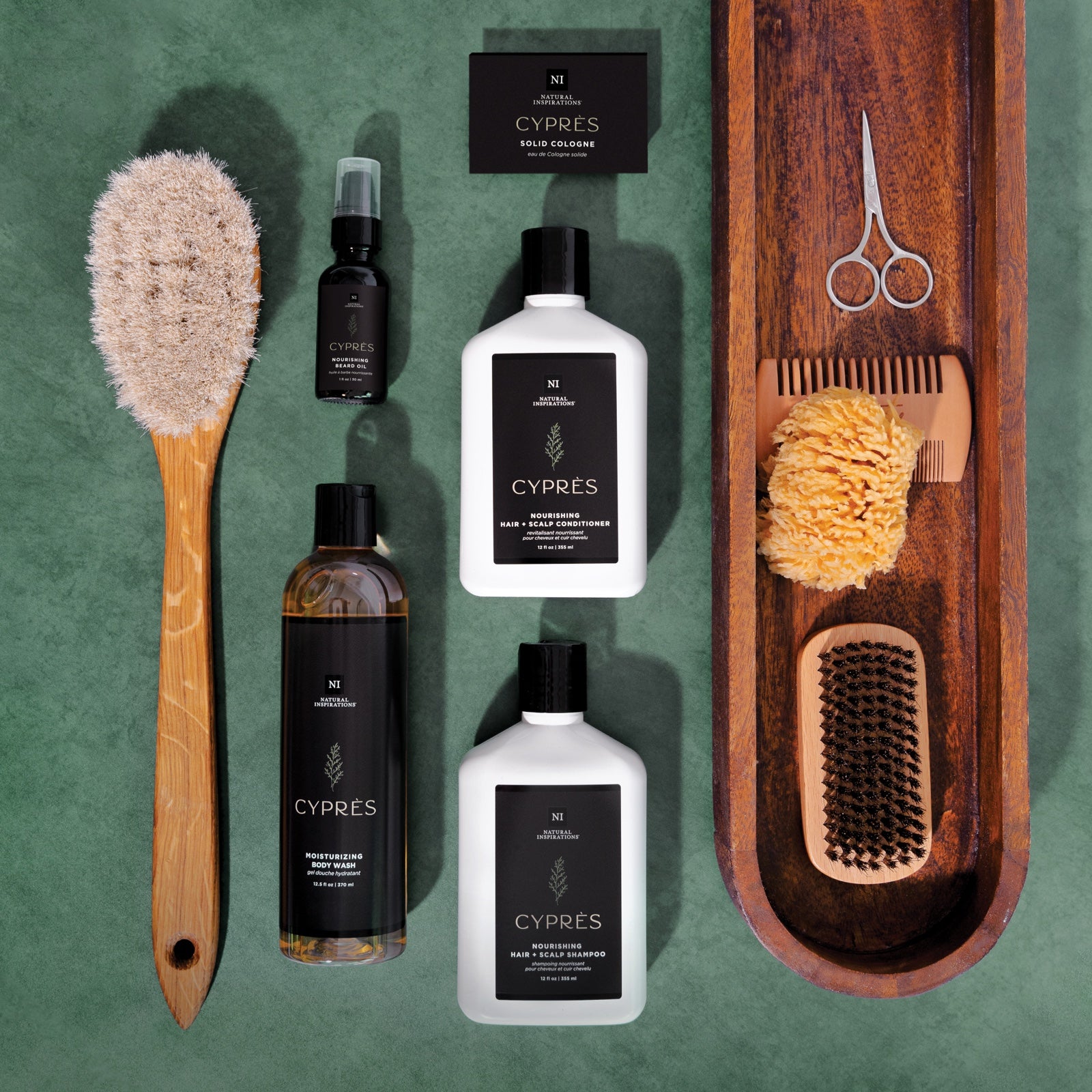 overhead view of cypres products on a green background