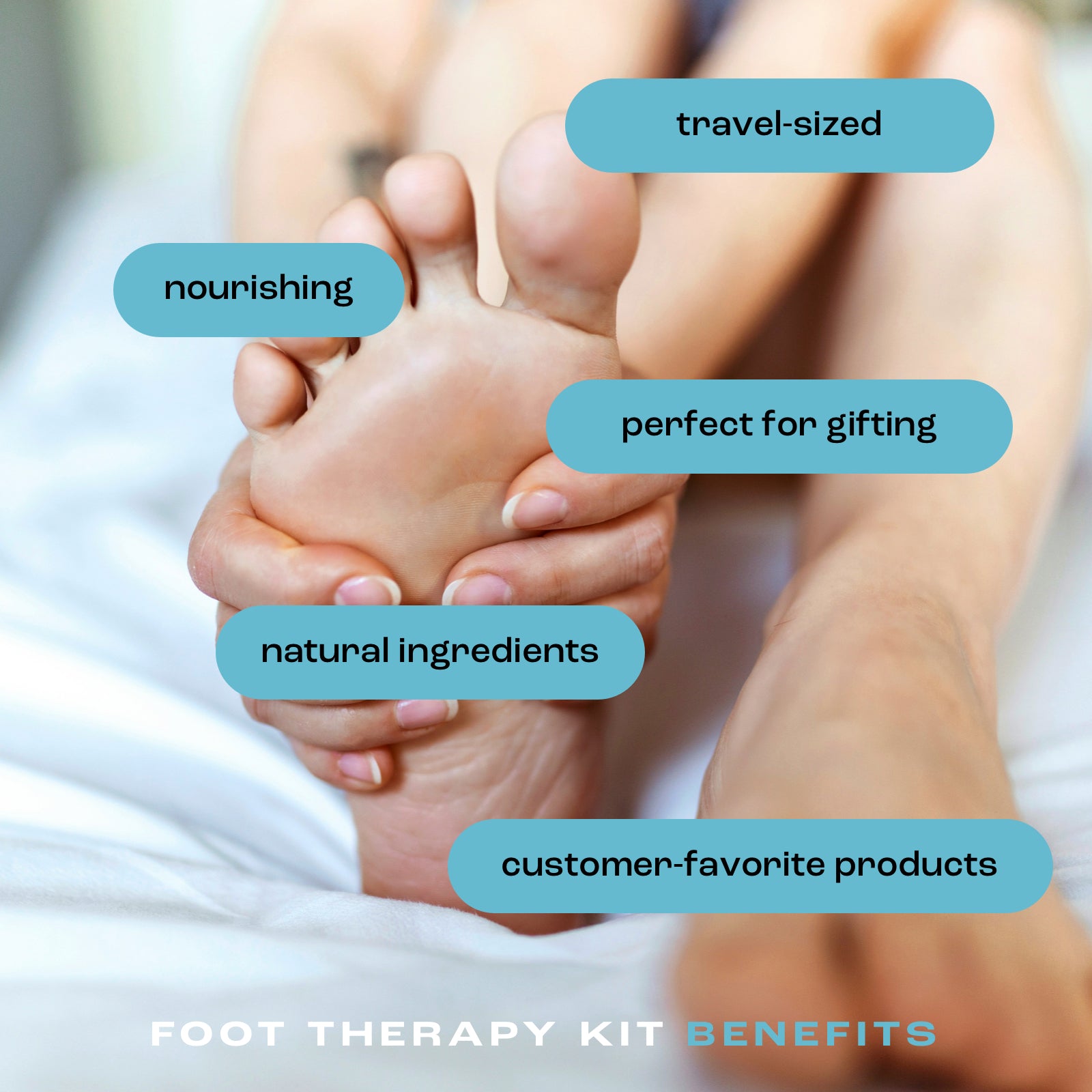 foot therapy kit benefits listed as travel-sized, nourishing, perfect for gifting, natural ingredients and customer-favorite products