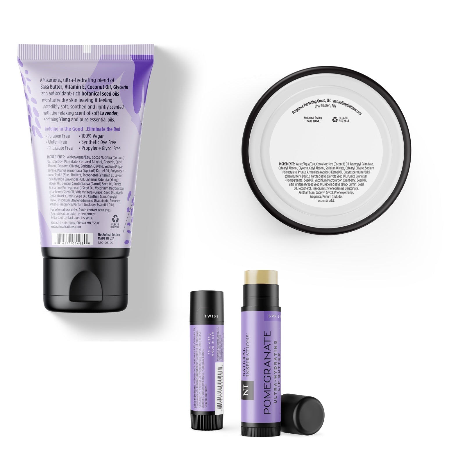 back of lavender ylang body care trio products