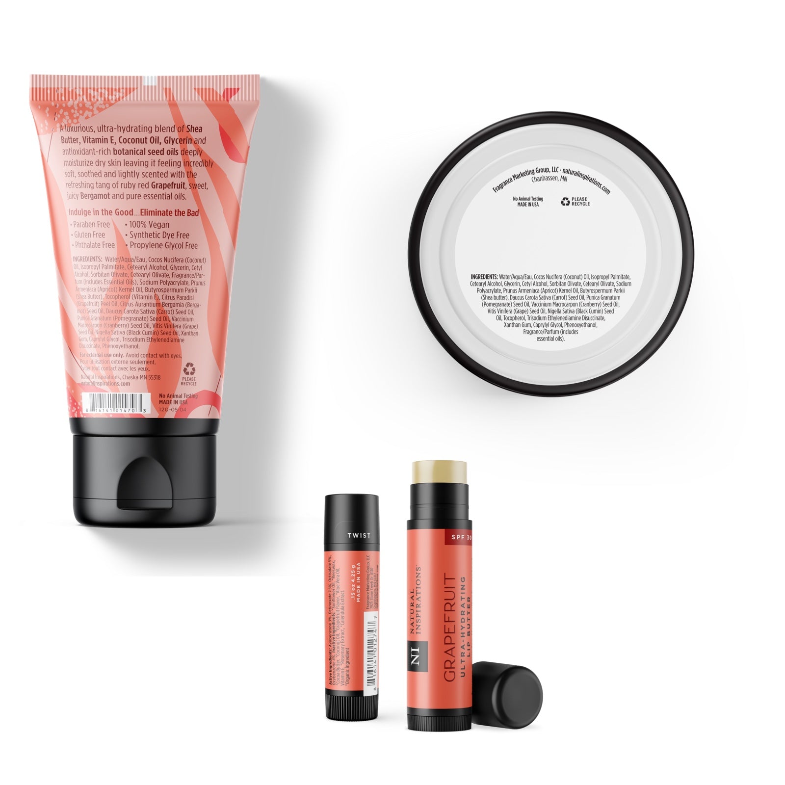 back of grapefruit bergamot body care trio products