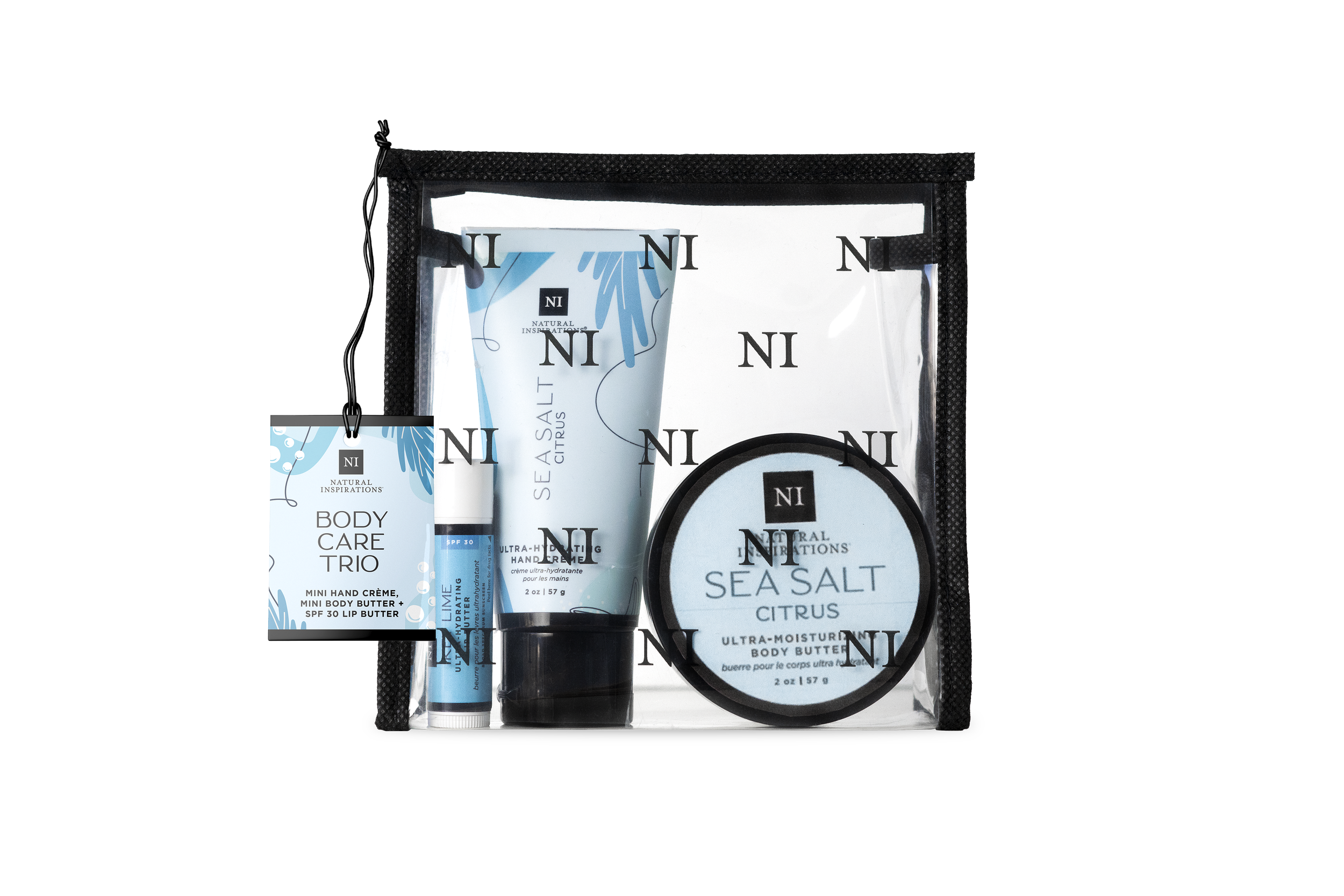 Natural Inspirations Sea Salt Citrus Body Care Trio with mini body butter, mini hand cr�me and key lime lip butter  in a travel-sized bag on a white background.