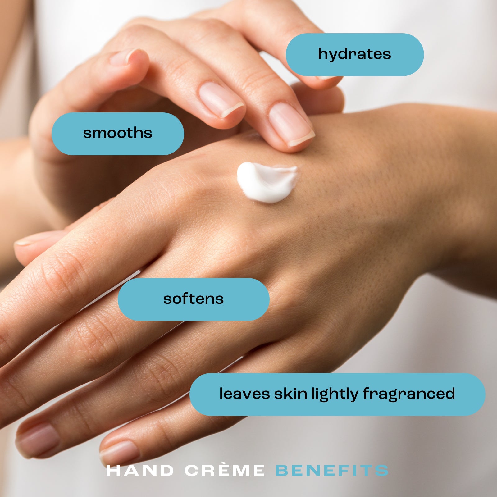 image of a woman applying hand cream with the listed benefits: hydrates, smooths, softens and leaves skin lightly fragranced.